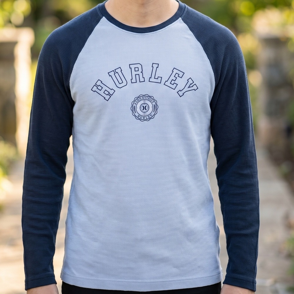 Hurley Mens Waffle Knit Thermal Raglan Long Sleeve Shirt Blue Athletic Dept